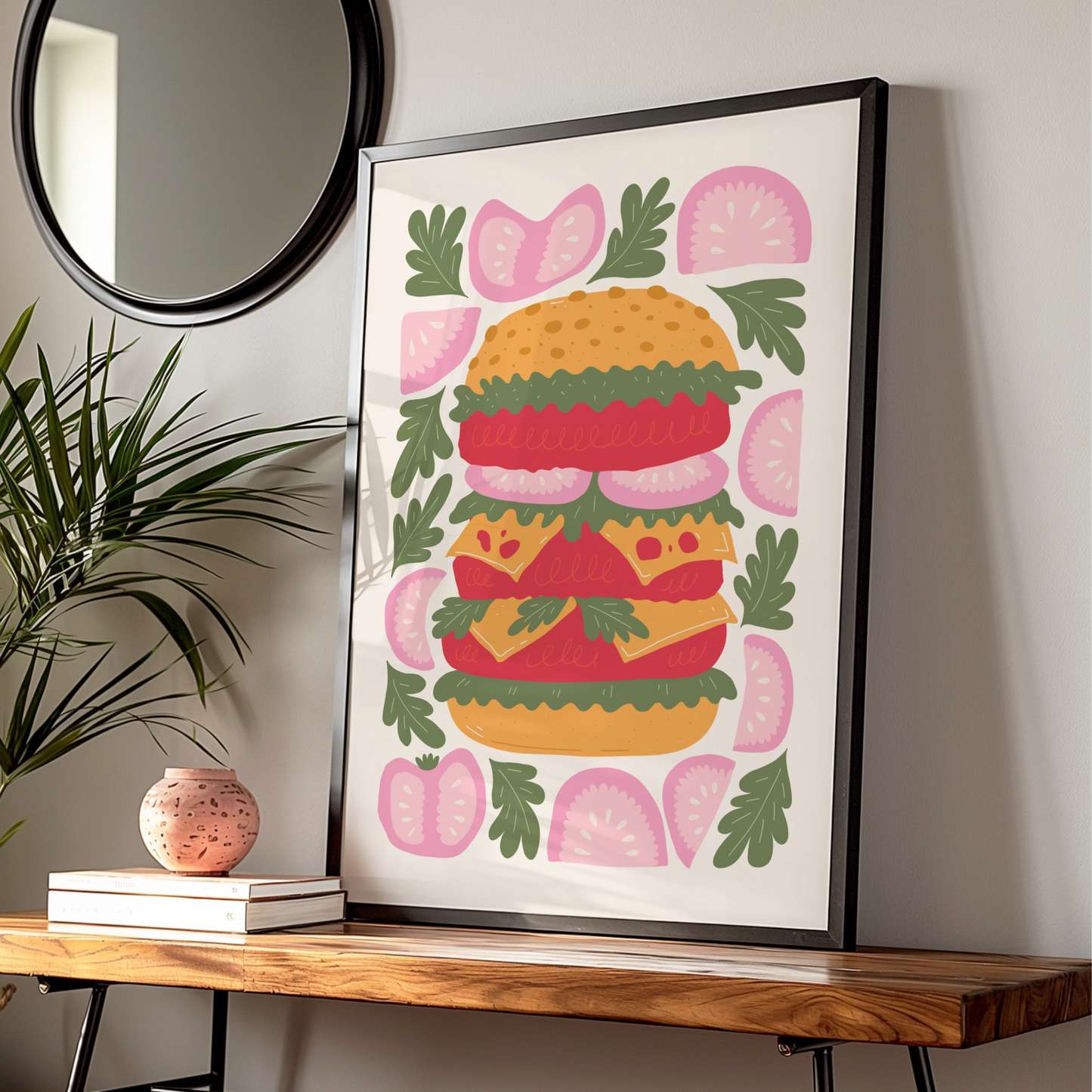 Burger Kitchen Wall Art Print, Colourful Food Poster, Retro Illustration, Restaurant Decor