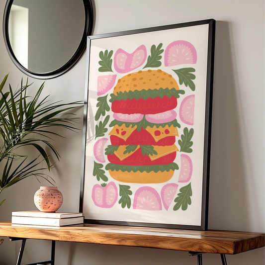 Burger Kitchen Wall Art Print, Colourful Food Poster, Retro Illustration, Restaurant Decor