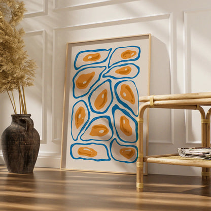Oyster Kitchen Print, Blue Orange Seafood Wall Art, Coastal Food Poster, Modern Kitchen Decor