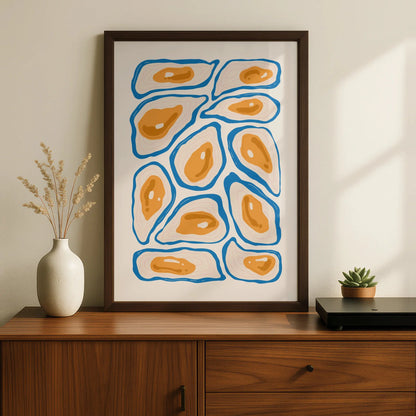 Oyster Kitchen Print, Blue Orange Seafood Wall Art, Coastal Food Poster, Modern Kitchen Decor