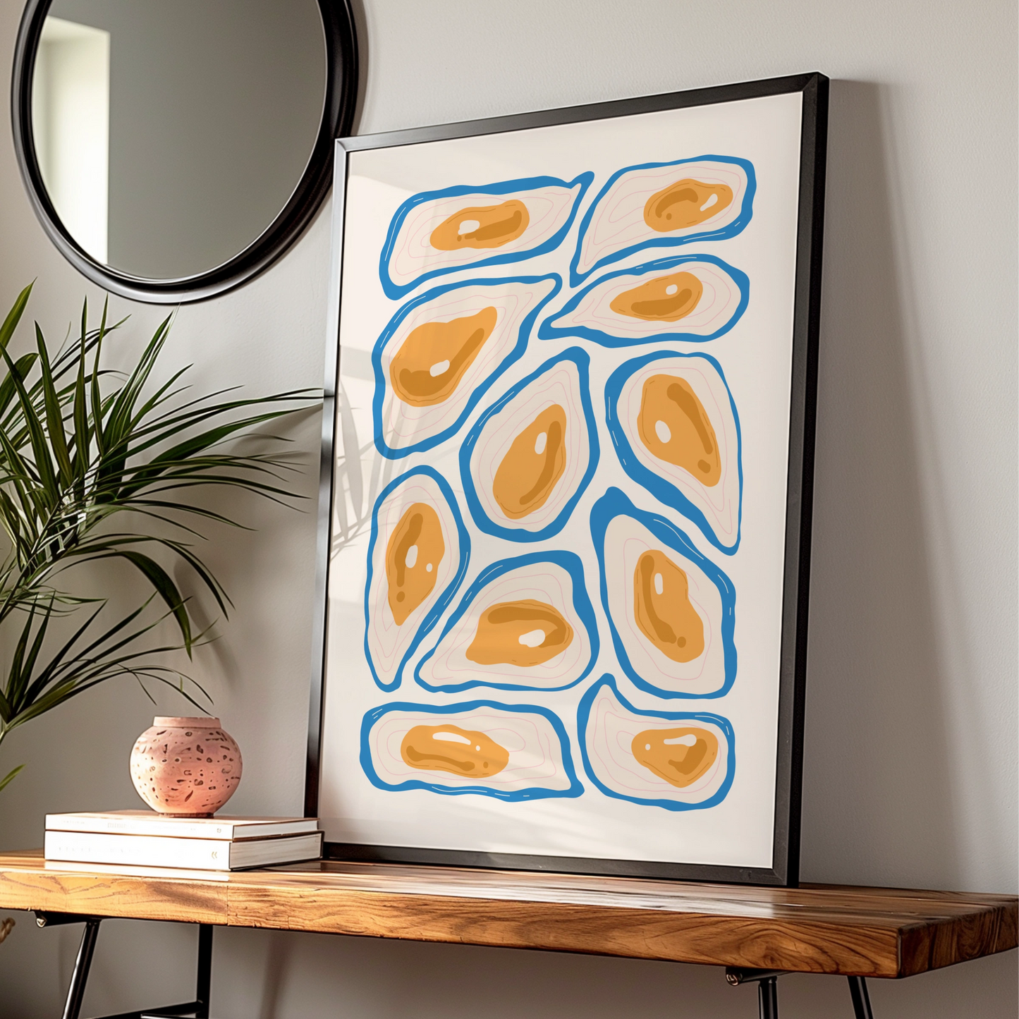 Oyster Kitchen Print, Blue Orange Seafood Wall Art, Coastal Food Poster, Modern Kitchen Decor