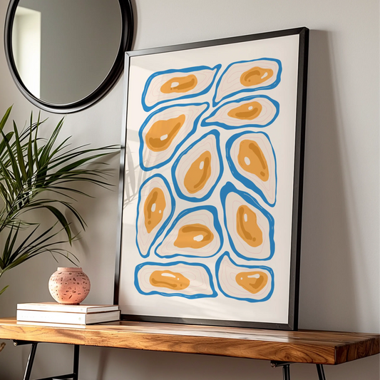 Oyster Kitchen Print, Blue Orange Seafood Wall Art, Coastal Food Poster, Modern Kitchen Decor