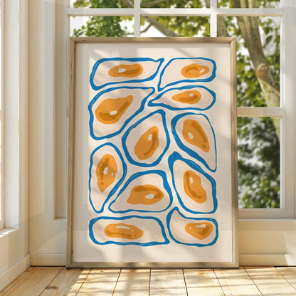 Oyster Kitchen Print, Blue Orange Seafood Wall Art, Coastal Food Poster, Modern Kitchen Decor