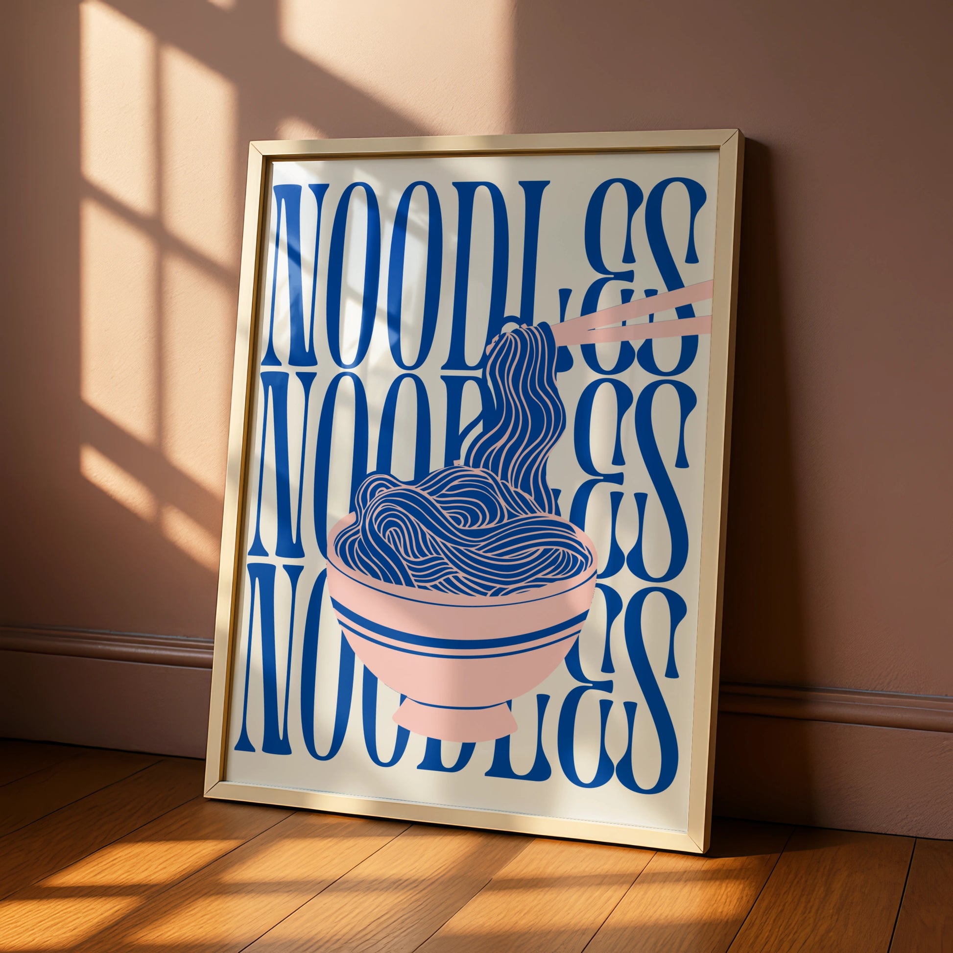 Noodles Kitchen Print, Ramen Bowl Wall Art, Pink Blue Food Poster, Fun Kitchen Decor