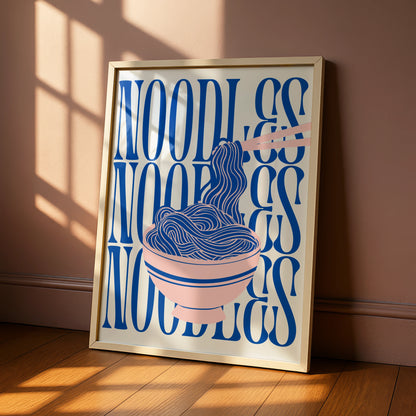 Noodles Kitchen Print, Ramen Bowl Wall Art, Pink Blue Food Poster, Fun Kitchen Decor