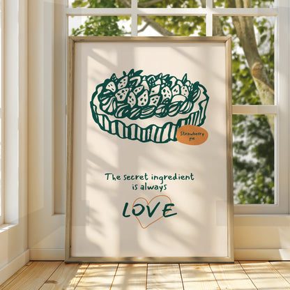 Strawberry Pie Kitchen Art Print, Whimsical Cooking Poster, Secret Ingredient Love, Bakery Decor