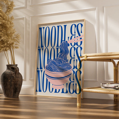 Noodles Kitchen Print, Ramen Bowl Wall Art, Pink Blue Food Poster, Fun Kitchen Decor