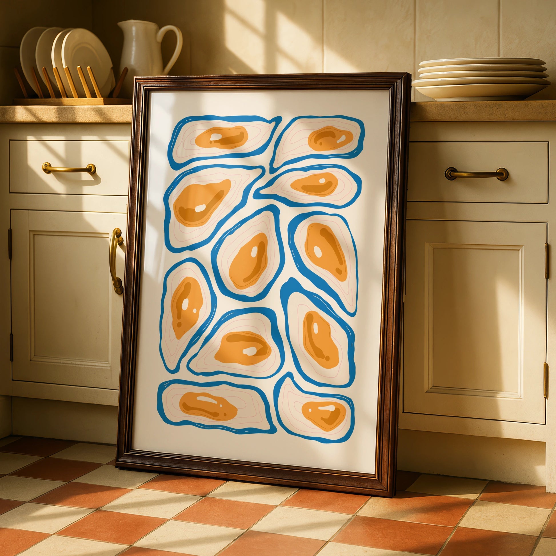 Oyster Kitchen Print, Blue Orange Seafood Wall Art, Coastal Food Poster, Modern Kitchen Decor