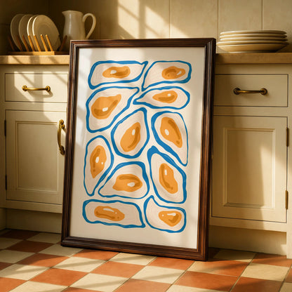 Oyster Kitchen Print, Blue Orange Seafood Wall Art, Coastal Food Poster, Modern Kitchen Decor