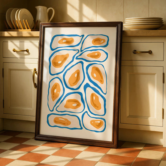 Oyster Kitchen Print, Blue Orange Seafood Wall Art, Coastal Food Poster, Modern Kitchen Decor