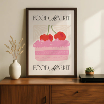 Food Market Kitchen Poster, Cherry Cake Wall Art, Pink Bakery Print, Retro Kitchen Decor