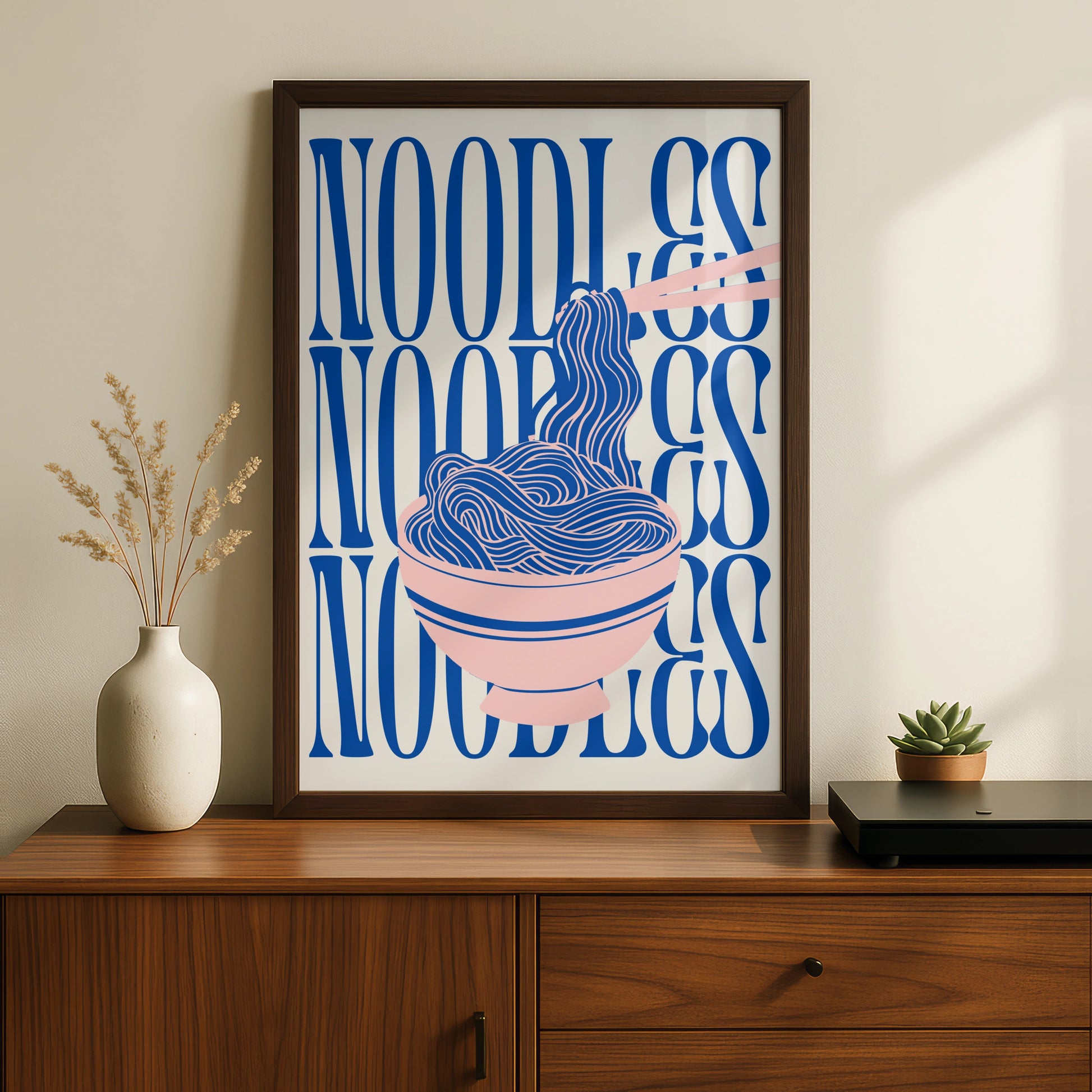 Noodles Kitchen Print, Ramen Bowl Wall Art, Pink Blue Food Poster, Fun Kitchen Decor