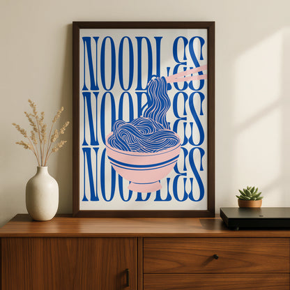 Noodles Kitchen Print, Ramen Bowl Wall Art, Pink Blue Food Poster, Fun Kitchen Decor