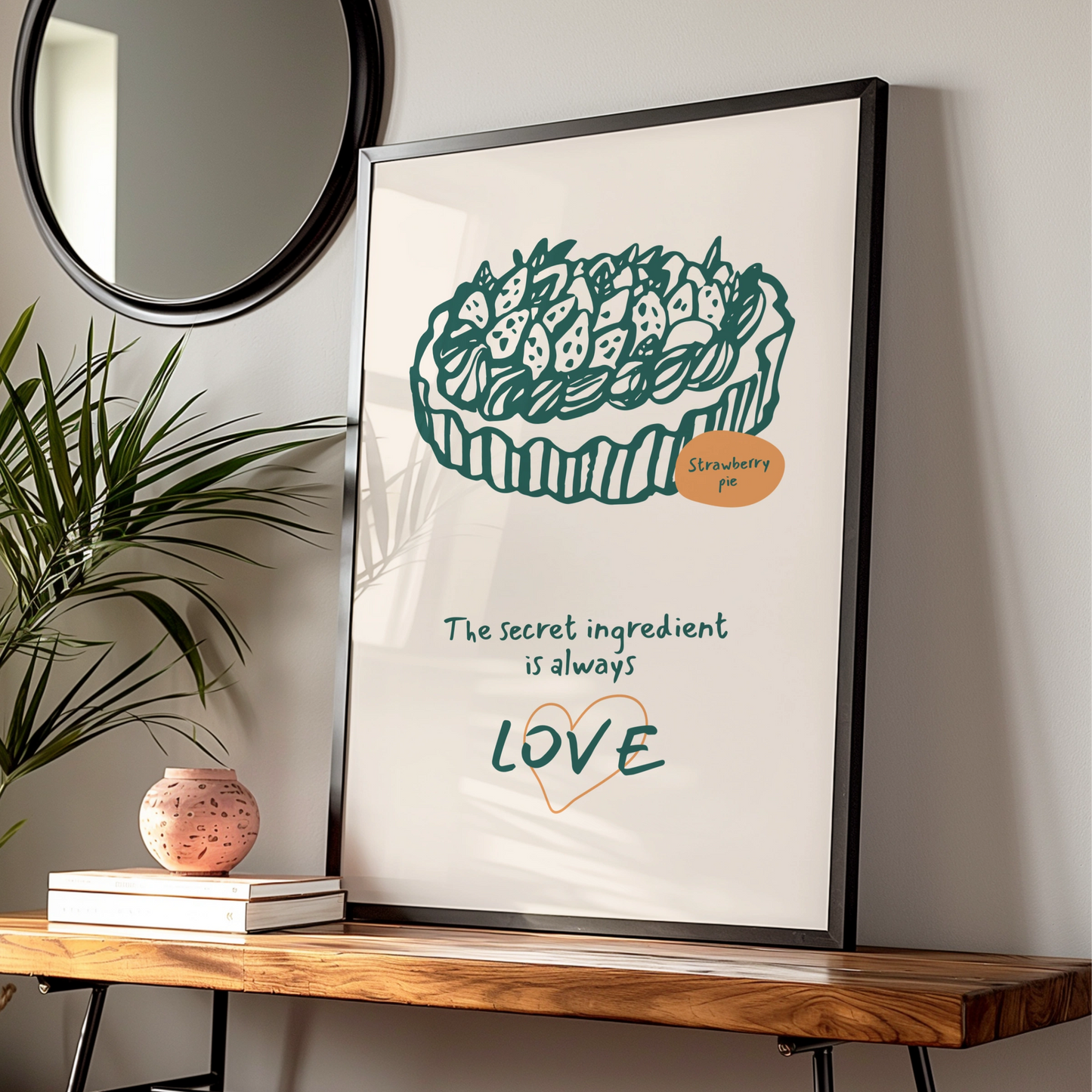 Strawberry Pie Kitchen Art Print, Whimsical Cooking Poster, Secret Ingredient Love, Bakery Decor