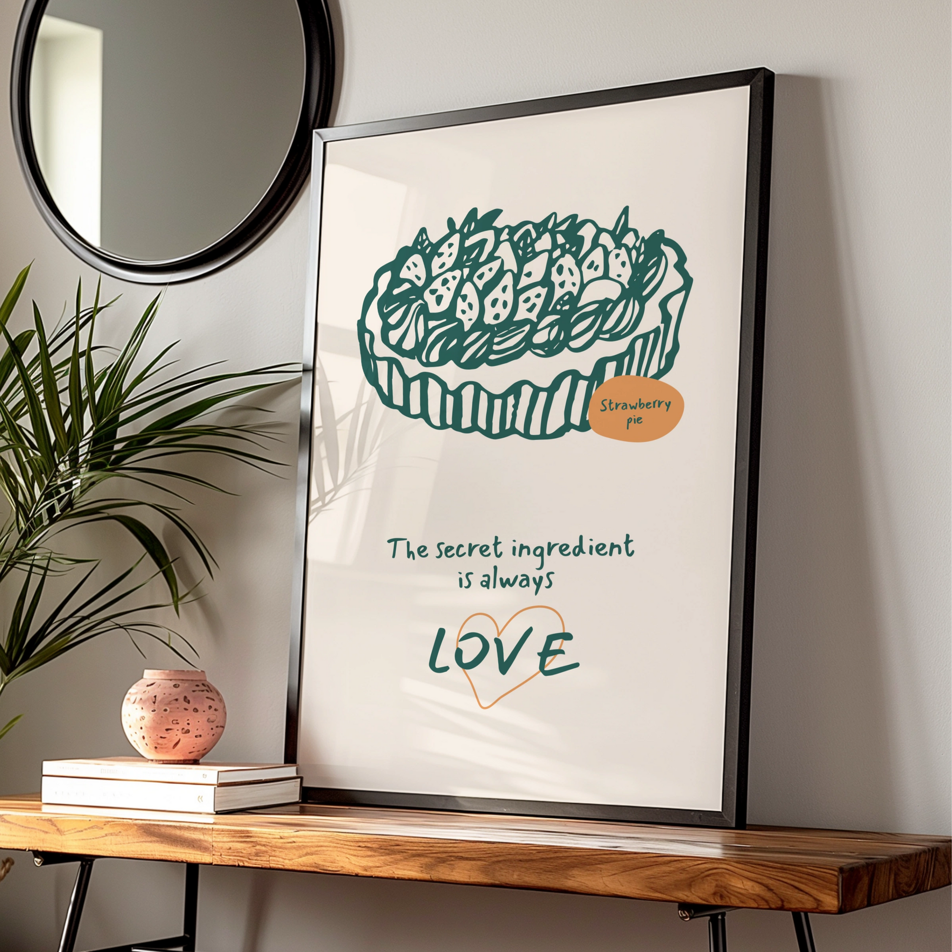 Strawberry Pie Kitchen Art Print, Whimsical Cooking Poster, Secret Ingredient Love, Bakery Decor