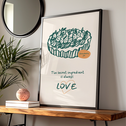 Strawberry Pie Kitchen Art Print, Whimsical Cooking Poster, Secret Ingredient Love, Bakery Decor