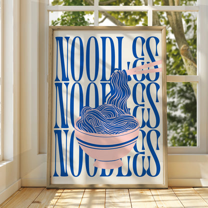 Noodles Kitchen Print, Ramen Bowl Wall Art, Pink Blue Food Poster, Fun Kitchen Decor
