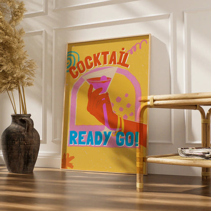Cocktail Ready Go Kitchen Bar Cart Wall Art, Retro Drinks Poster, Colourful Fun Print