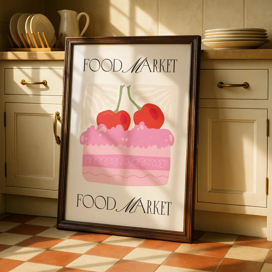 Food Market Kitchen Poster, Cherry Cake Wall Art, Pink Bakery Print, Retro Kitchen Decor