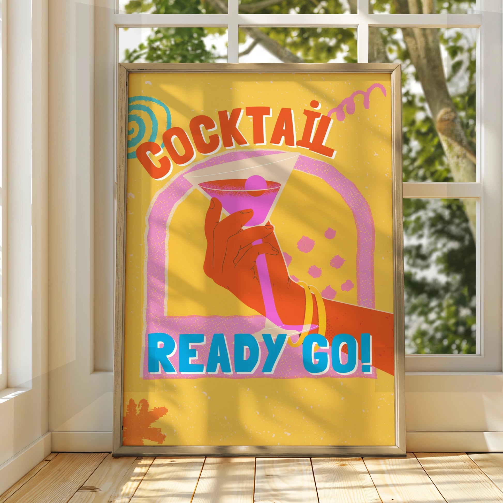 Cocktail Ready Go Kitchen Bar Cart Wall Art, Retro Drinks Poster, Colourful Fun Print