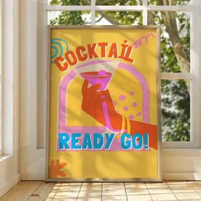 Cocktail Ready Go Kitchen Bar Cart Wall Art, Retro Drinks Poster, Colourful Fun Print