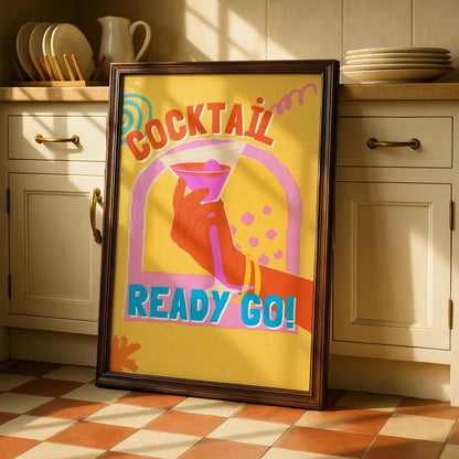 Cocktail Ready Go Kitchen Bar Cart Wall Art, Retro Drinks Poster, Colourful Fun Print