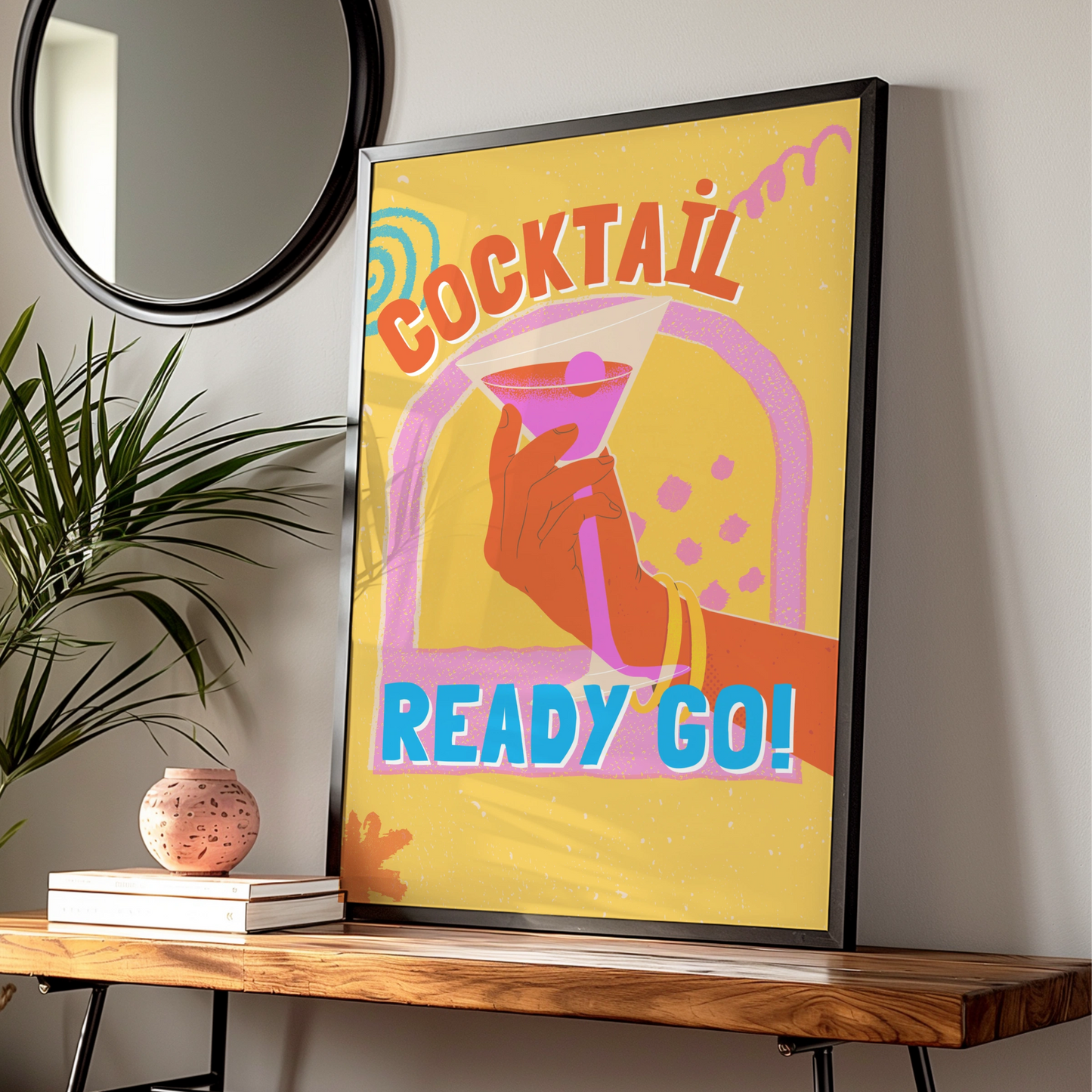 Cocktail Ready Go Kitchen Bar Cart Wall Art, Retro Drinks Poster, Colourful Fun Print