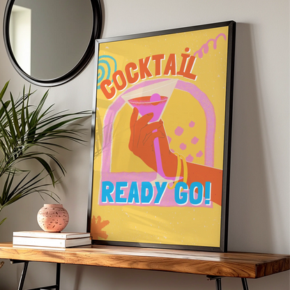 Cocktail Ready Go Kitchen Bar Cart Wall Art, Retro Drinks Poster, Colourful Fun Print