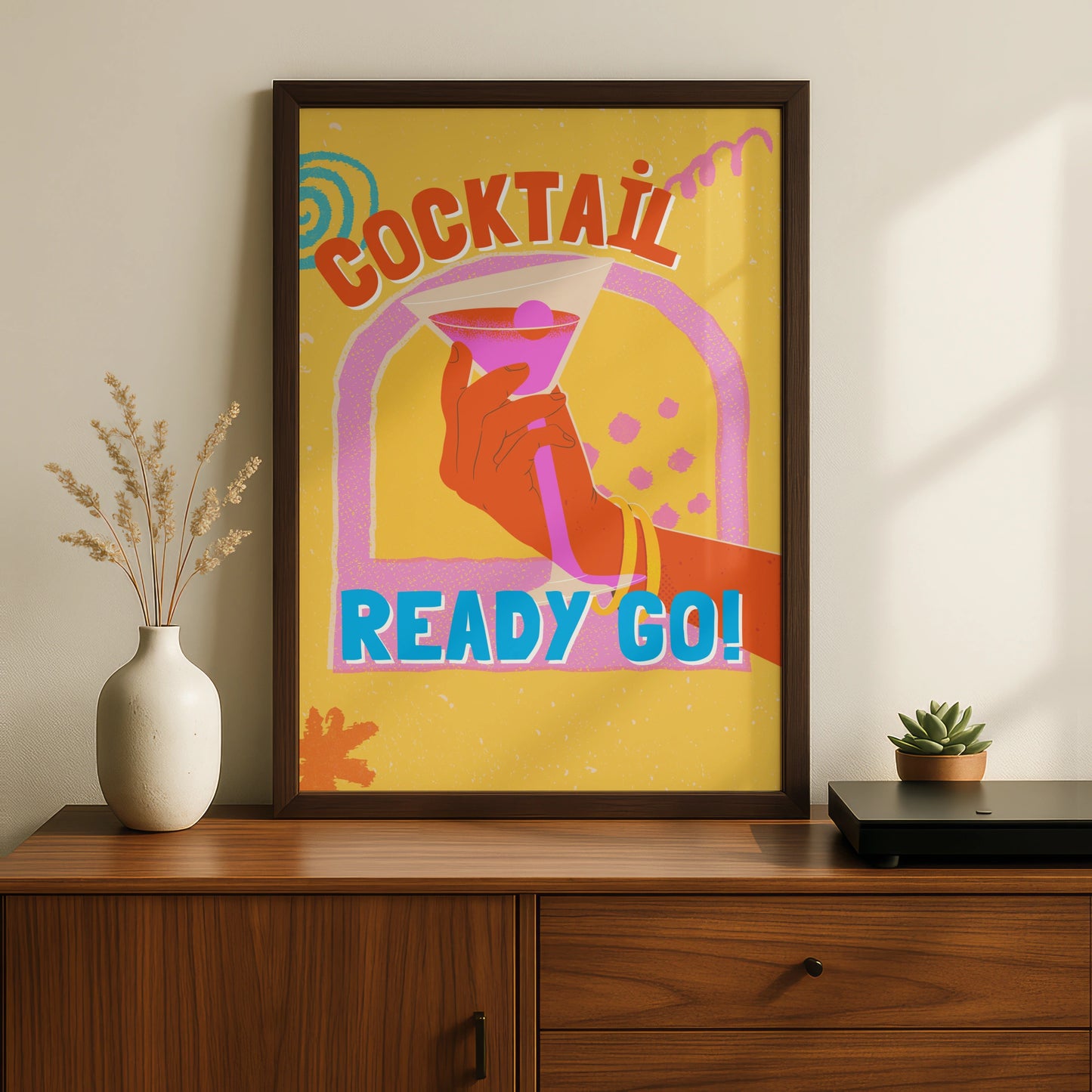 Cocktail Ready Go Kitchen Bar Cart Wall Art, Retro Drinks Poster, Colourful Fun Print