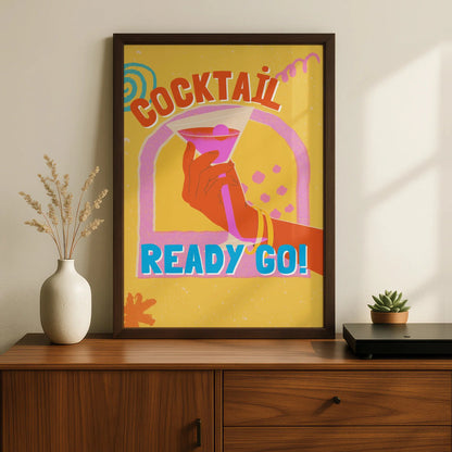 Cocktail Ready Go Kitchen Bar Cart Wall Art, Retro Drinks Poster, Colourful Fun Print