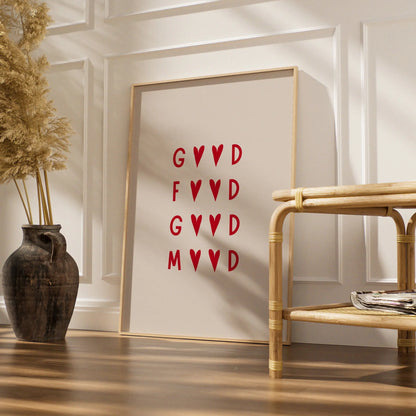 Good Food Good Mood Kitchen Print, Red Heart Typography Poster, Dining Room Wall Art