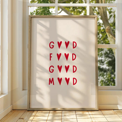 Good Food Good Mood Kitchen Print, Red Heart Typography Poster, Dining Room Wall Art