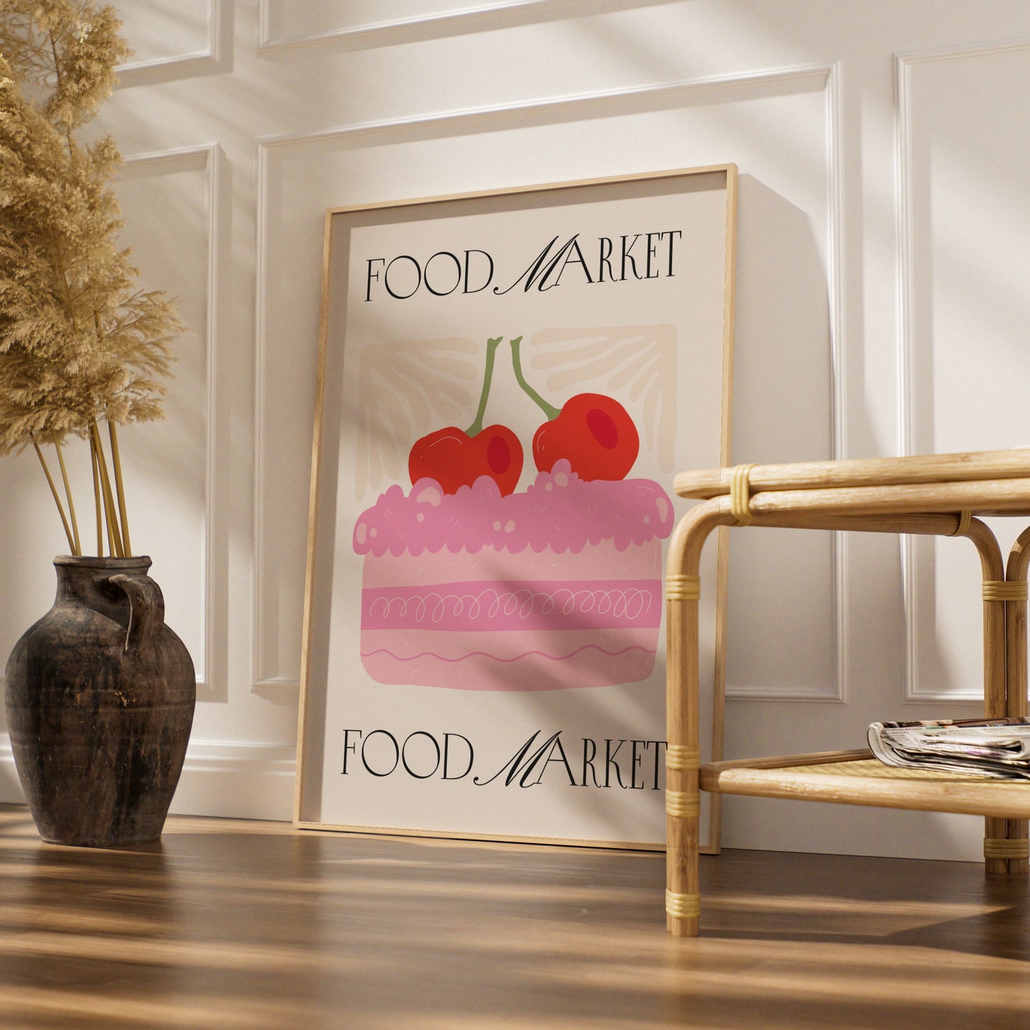 Food Market Kitchen Poster, Cherry Cake Wall Art, Pink Bakery Print, Retro Kitchen Decor