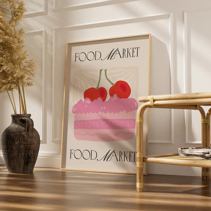 Food Market Kitchen Poster, Cherry Cake Wall Art, Pink Bakery Print, Retro Kitchen Decor