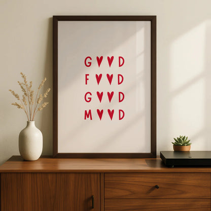 Good Food Good Mood Kitchen Print, Red Heart Typography Poster, Dining Room Wall Art
