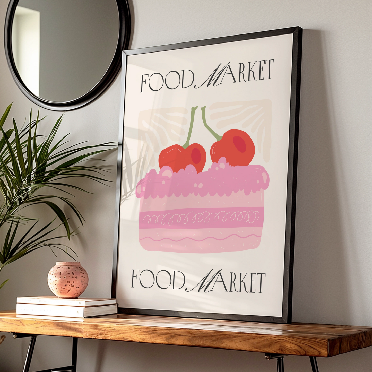 Food Market Kitchen Poster, Cherry Cake Wall Art, Pink Bakery Print, Retro Kitchen Decor