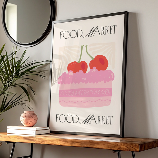 Food Market Kitchen Poster, Cherry Cake Wall Art, Pink Bakery Print, Retro Kitchen Decor