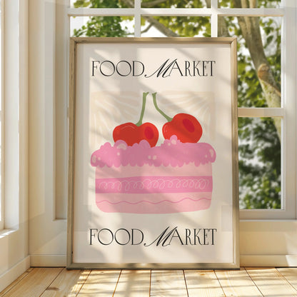 Food Market Kitchen Poster, Cherry Cake Wall Art, Pink Bakery Print, Retro Kitchen Decor