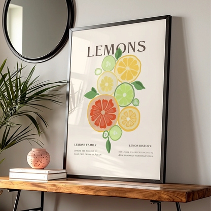 Lemon Citrus Kitchen Print, Fruit Wall Art, Colourful Food Poster, Kitchen Decor