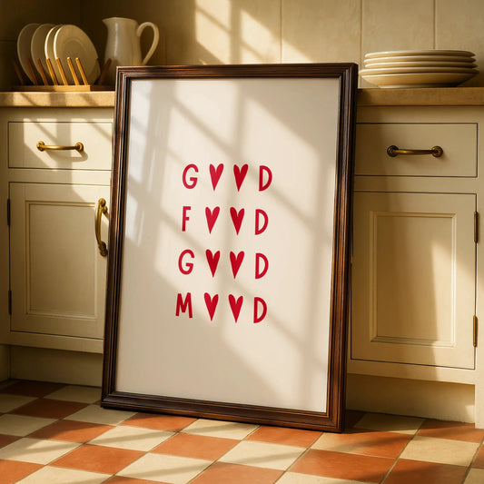 Good Food Good Mood Kitchen Print, Red Heart Typography Poster, Dining Room Wall Art