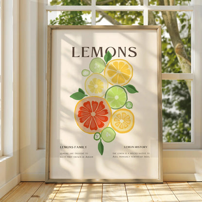 Lemon Citrus Kitchen Print, Fruit Wall Art, Colourful Food Poster, Kitchen Decor