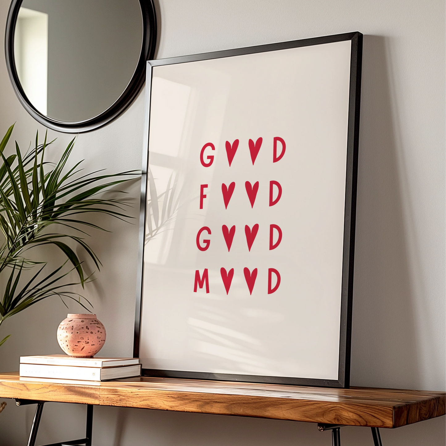 Good Food Good Mood Kitchen Print, Red Heart Typography Poster, Dining Room Wall Art