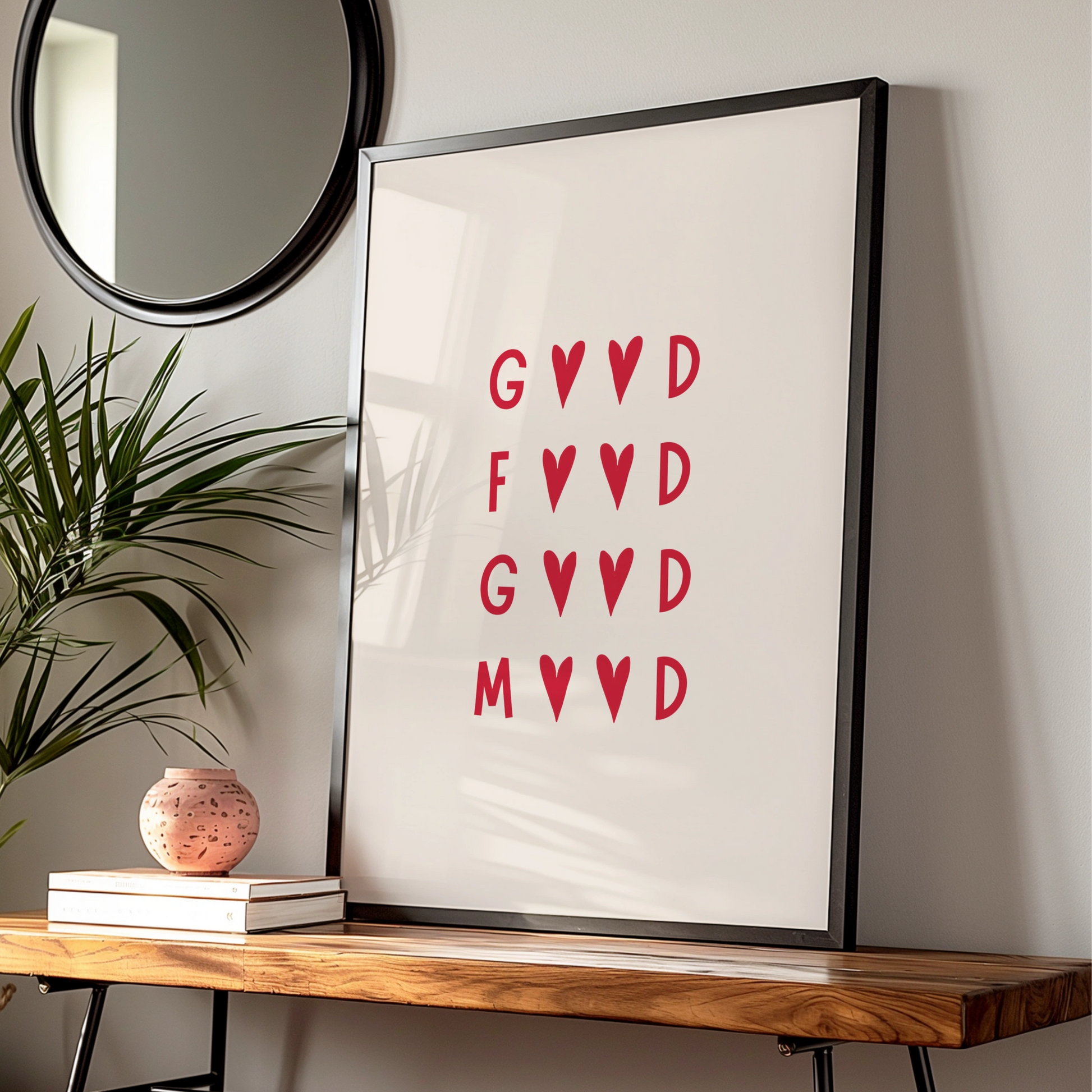 Good Food Good Mood Kitchen Print, Red Heart Typography Poster, Dining Room Wall Art