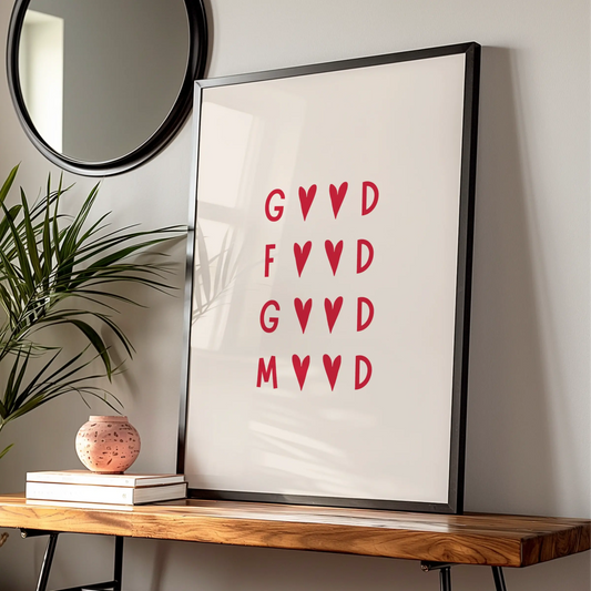 Good Food Good Mood Kitchen Print, Red Heart Typography Poster, Dining Room Wall Art