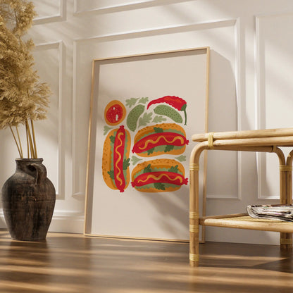 Hot Dog Kitchen Wall Art, Food Poster Print, Colourful Retro Kitchen Decor, Fun Foodie Gift