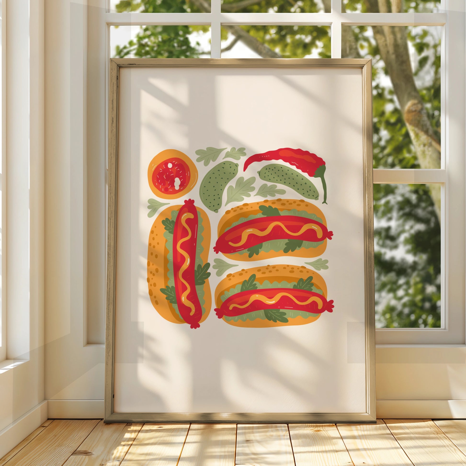 Hot Dog Kitchen Wall Art, Food Poster Print, Colourful Retro Kitchen Decor, Fun Foodie Gift