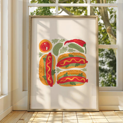 Hot Dog Kitchen Wall Art, Food Poster Print, Colourful Retro Kitchen Decor, Fun Foodie Gift