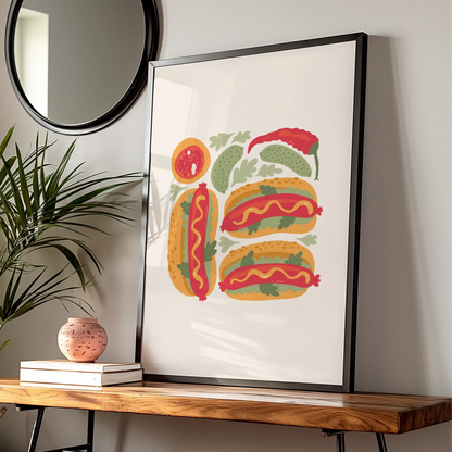 Hot Dog Kitchen Wall Art, Food Poster Print, Colourful Retro Kitchen Decor, Fun Foodie Gift
