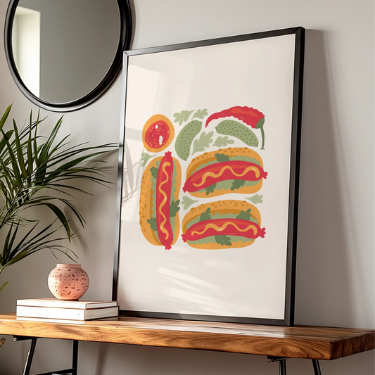 Hot Dog Kitchen Wall Art, Food Poster Print, Colourful Retro Kitchen Decor, Fun Foodie Gift