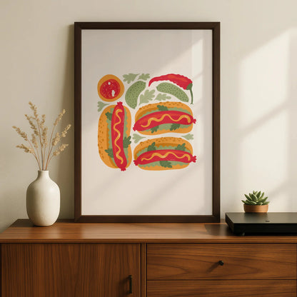 Hot Dog Kitchen Wall Art, Food Poster Print, Colourful Retro Kitchen Decor, Fun Foodie Gift